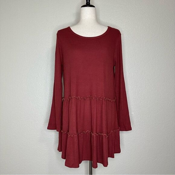 Pink Lily Burgundy Waffle Knit Tiered Ruffle Skirt Long Sleeves Dress - Picture 1 of 11